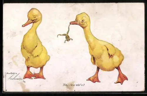 Künstler-AK Lawson Wood: Gänseküken mit Frosch als Liebesgeschenk