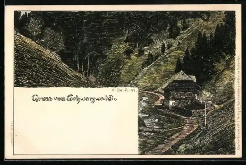 Künstler-AK sign. H. Daur: Blick zu einer Hütte im Schwarzwald