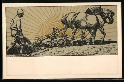 Künstler-AK Bauer bewirtschaftet sein Feld mit einem Pflug mit Pferde-Gespann