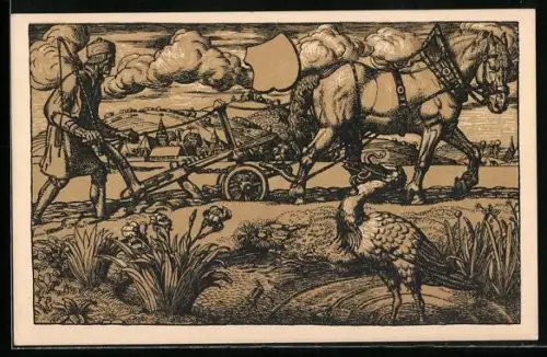 AK Bauer pflügt mit Pferdegespann das Feld, Storch im Teich