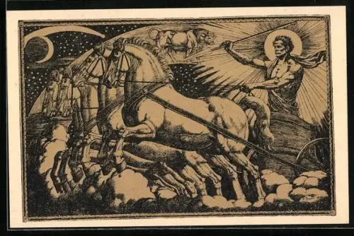 Künstler-AK Sonnengott, Quadriga, Viergespann