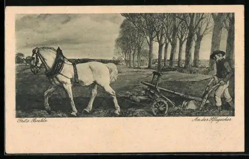 AK An der Pflugschar, Bauer mit Pferdepflug