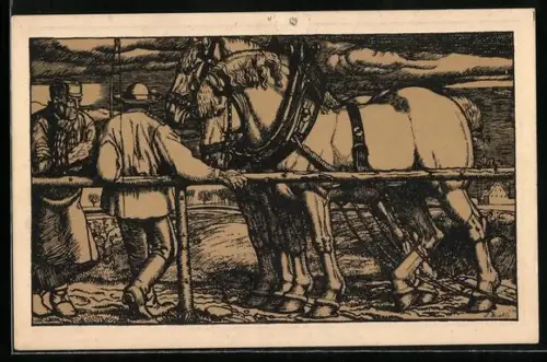 AK zwei grosse Pferde im Geschirr mit Männern an Zaun