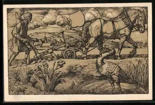 AK Bauer pflügt mit Pferdegespann das Feld, Storch im Teich