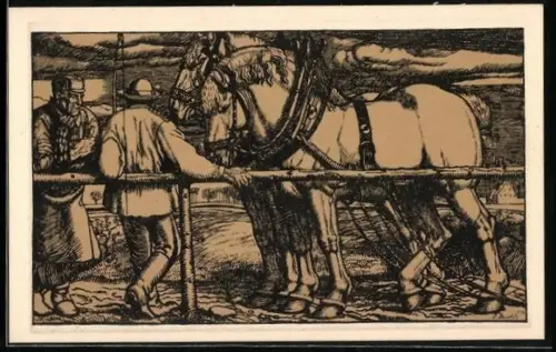 AK zwei grosse Pferde im Geschirr mit Männern an Zaun