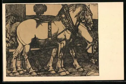 AK zwei grosse Pferde im Geschirr