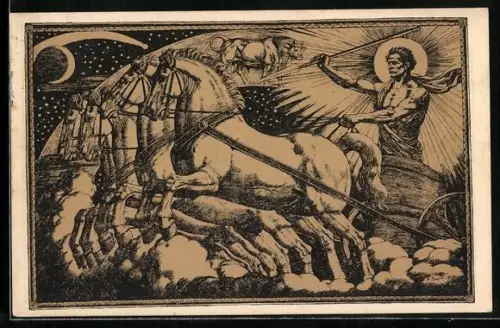 Künstler-AK Sonnengott, Quadriga, Viergespann
