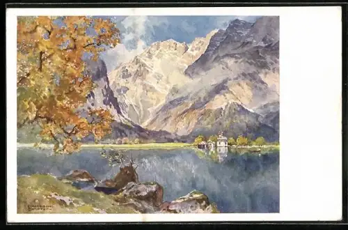 Künstler-AK Edward Harrison Compton: St. Bartholomä, Ortsansicht mit Bergpanoaram