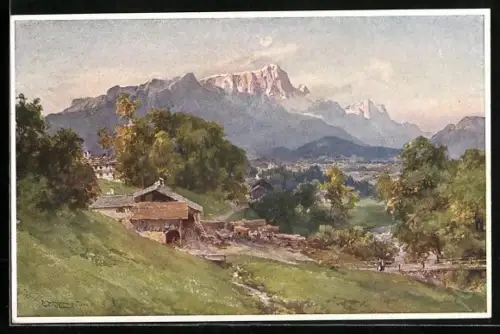 Künstler-AK Edward Theodore Compton: Untersberg-Schönau, Ortsansicht gegen die Alpen