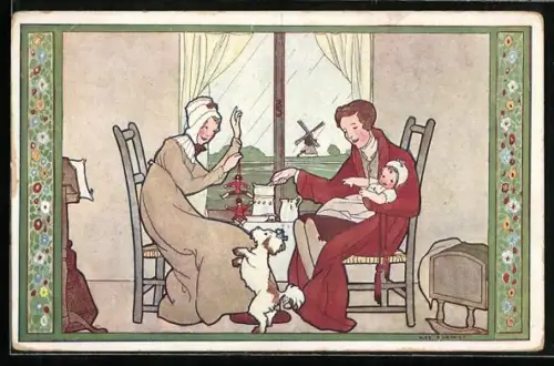 Künstler-AK Rie Cramer: Damen mit Hund und Baby