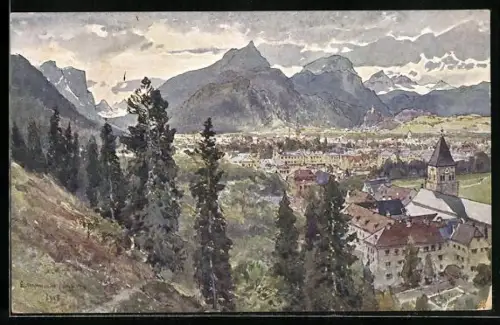 Künstler-AK Edward Harrison Compton: Bad Reichenhall, Ortsansicht gegen die Berge