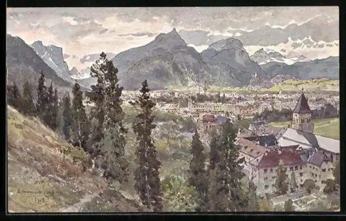 Künstler-AK Edward Harrison Compton: Bad Reichenhall, Ortsansicht gegen die Berge