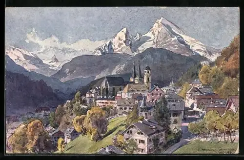 Künstler-AK Edward Harrison Compton: Berchtesgaden, Teilansicht der Ortschaft, Blick auf das Gebirge