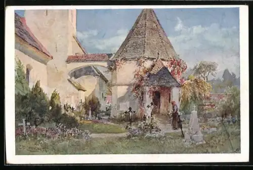 Künstler-AK Edward Theodore Compton: St. Georgen am Sandhof, Frau auf dem Friedhof