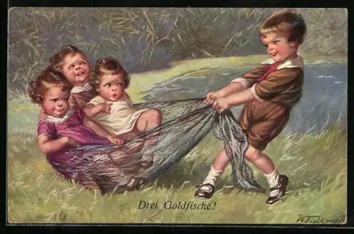 Künstler-AK Wally Fialkowska: Drei Goldfische, Junge zieht Mädchen im Netz