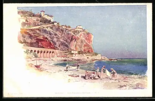Künstler-AK Ernest Lessieux: Menton, Les Rochers Rouges