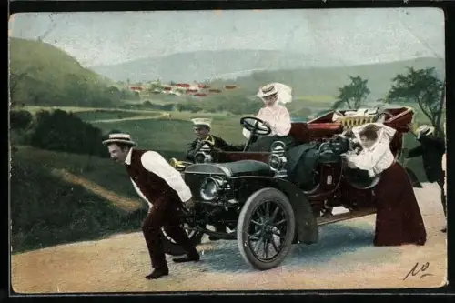 AK Damen und Herren schieben ein defektes Auto, Wer liebt der schiebt!