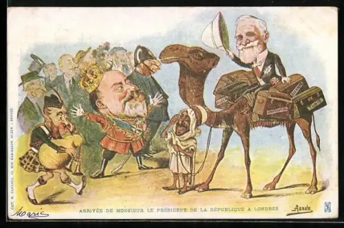 AK London, Karikatur, König Edward VII. von England empfängt Präsident Emile Lubet, Kamel