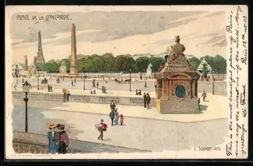 Künstler-AK Carl Schmidt: Leute auf dem Place de la Concorde in Paris