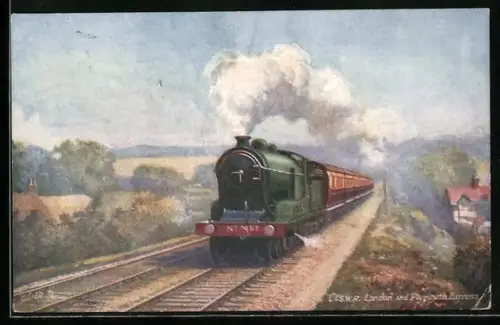 Künstler-AK englische Eisenbahn der Gesellschaft L. & S.W.R. durch eine Landschaft fahrend