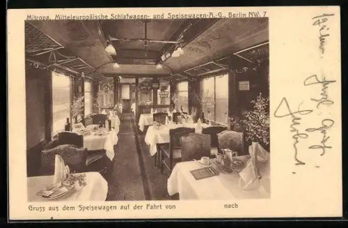AK Mitropa, Mitteleuropäische Schlafwagen- und Speisewagen-A.G., Inneres eines Speisewagens