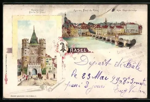 Lithographie Basel, Alte Rheinbrücke und Spalenthor