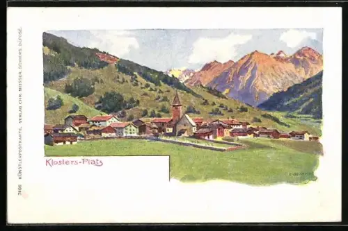 Künstler-AK Klosters-Platz, Panorama
