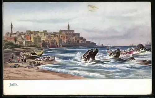 Künstler-AK F.Perlberg: Jaffa, Uferpartie mit Blick zum Ort