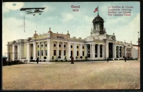 AK Gand, exposition universelle et internationale 1913, le pavillon du Canada, Doppeldecker-Flugzeug