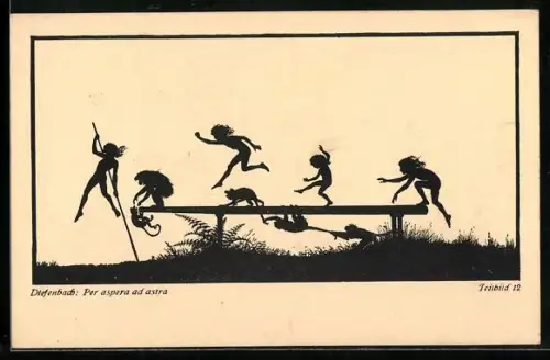Künstler-AK Diefenbach: Per aspera ad astra, Teilbild 12, Auf Balken balancierende Kinder und Affen