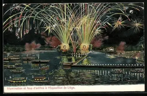 Künstler-AK Liège, Illumination et feux d`artifice à l`Exposition