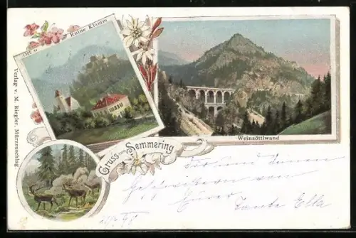 AK Semmering, Ort und Ruine Klamm, Weinzöttlwand, Hirsche