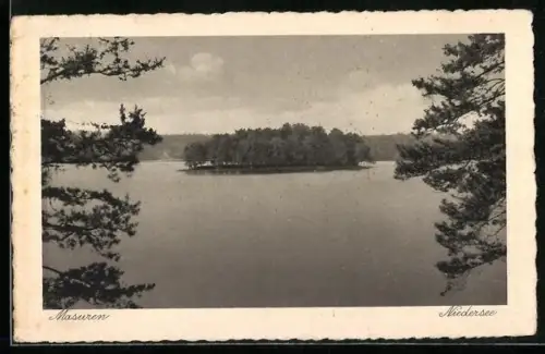 AK Ruciane-Nida, Blick auf die Insel im Niedersee