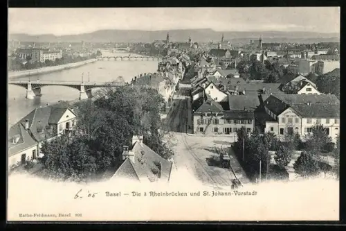 AK Basel, Die 3 Rheinbrücken und St. Johann-Vorstadt, Strassenbahn