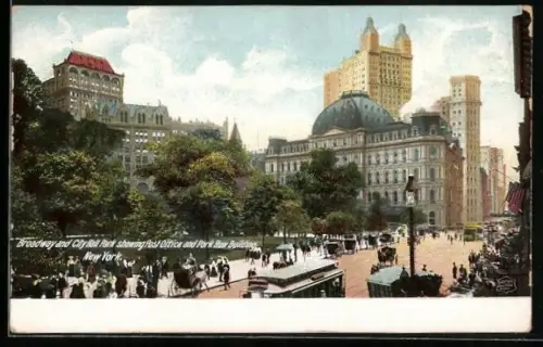 AK New York, NY, Broadway and City Hall Park showing Post Office and Park Row Building, Strassenbahn