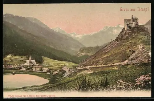 AK Tarasp, Panorama mit Schloss, um 1900