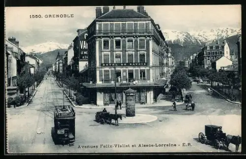 AK Grenoble, Avenues de la Gare et Alsace-Lorraine, Motiv mit Strassenbahn
