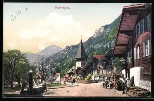 AK Meiringen, Strassenpartie mit Brunnen und Kirche