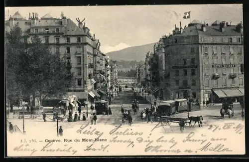 AK Genéve, Rue du Mont-Blanc, Strassenbahn