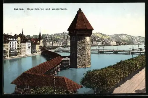 AK Luzern, Kapellbrücke und Wasserturm