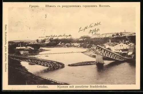AK Grodno, Njemen mit zerstörter Stadtbrücke