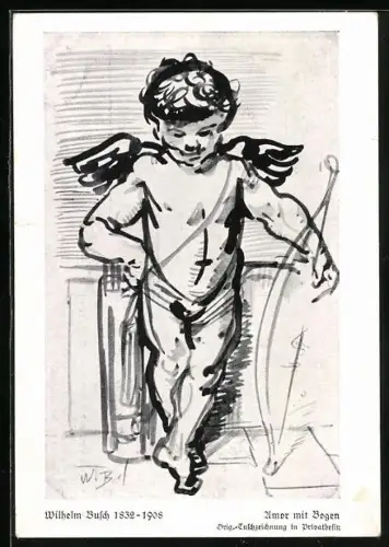 Künstler-AK Wilhelm Busch: Amor mit Bogen, Tuschezeichnung