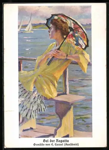 Künstler-AK Edward Cucuel: Frau mit Schirm bei der Regatta