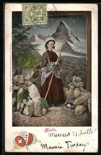 AK Wallis, Frau in Tracht mit Stock