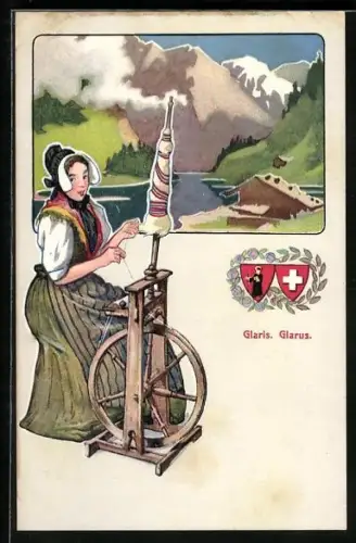 AK Glaris, Mädchen am Spinnrad, Bergpanorama, Wappen