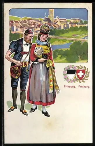 Künstler-AK Fribourg / Freiburg, Ortsansicht & Paar in Tracht
