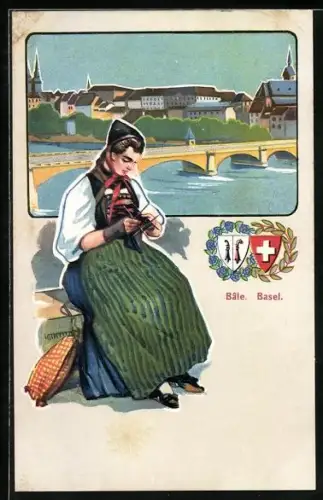 AK Junge Frau in Schweizer Tracht beim Häkeln