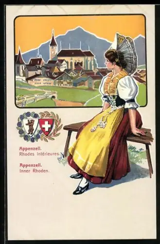Künstler-AK Appenzell, Rgodes intérieures, Stadtansicht, Fräulein in Tracht, Wappen