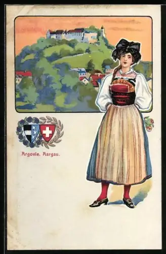 AK Aargau / Argovie, Frau in Tracht, Ortsansicht, Wappen