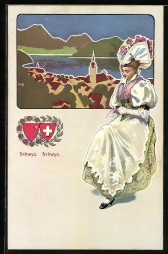 Lithographie Schwyz, Ortsansicht, Frau in Tracht, Wappen